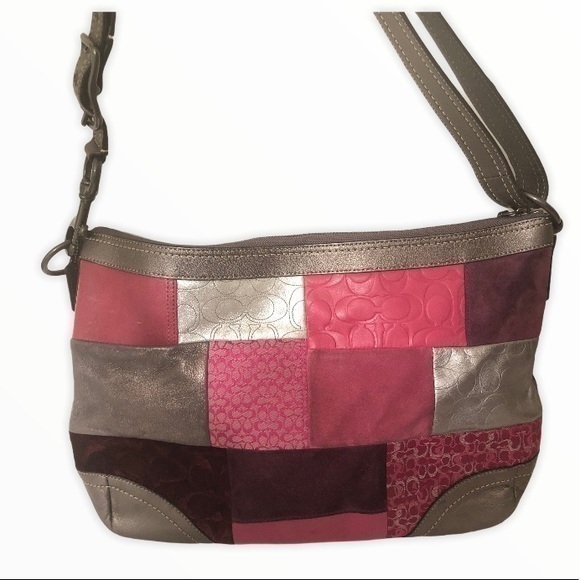 Coach F12865 Rare Vtg Y2k Pink Silver Suede Leather Embossed Bag Rare Patchwork